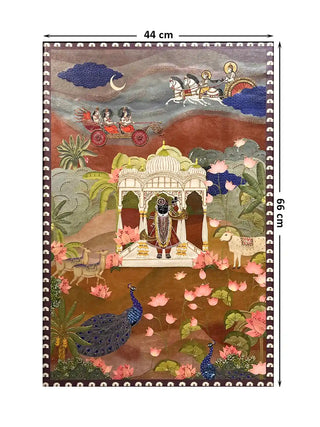 Full view of Pichwai Palace textile art showing Shrinathji, peacocks, and chariots with dimensions 44 cm by 66 cm.