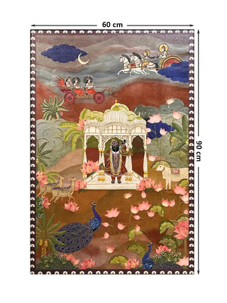 Full view of Pichwai Palace textile art showing Shrinathji, peacocks, and chariots with dimensions 60 cm by 90 cm