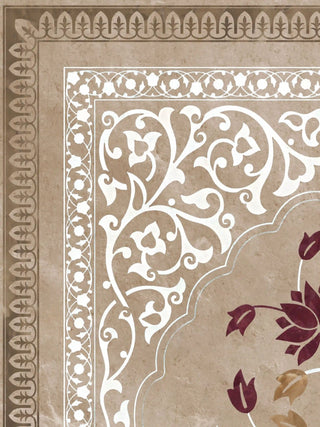 A detailed macro close-up of the Pietra wall art highlighting the white arabesque scrollwork, a burgundy lotus and the tan leaf-pattern border.