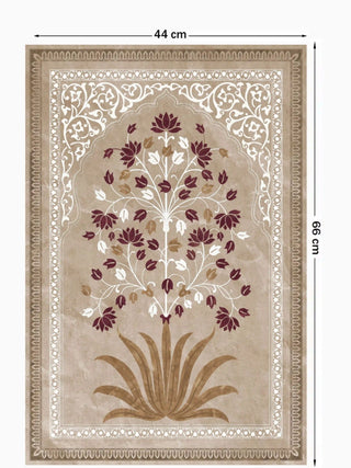 Full view of the Pietra wall art in the 44 x 66 cm size, showing a burgundy and white floral tree in a cusped arch on a marble-like taupe ground.
