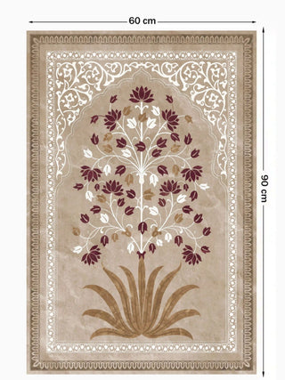 Full view of the Pietra wall art in the 60 x 90 cm size, showing a burgundy and white floral tree in a cusped arch on a marble-like taupe ground.