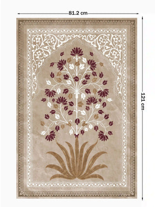 Full view of the Pietra wall art in the 81.2 x 121 cm size, showing a burgundy and white floral tree in a cusped arch on a marble-like taupe ground.