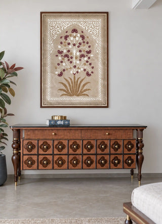 The Pietra wall art in Taupe & Wine framed above a scalloped-front console table with brass hardware.