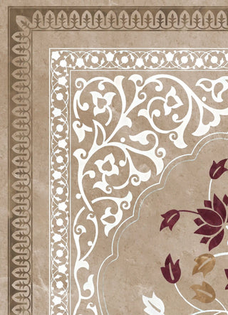 A detailed close-up of the Pietra wall art in Taupe & Wine highlighting the arabesque scrollwork and guilloche border.