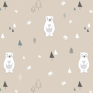 The Pinecone Path wallpaper in Beige White shown in full pattern repeat, highlighting the polar bear and pine tree motif