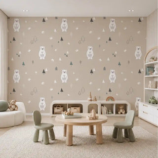 The Pinecone Path beige white wallpaper installed behind a play table and toy storage shelves in a kids playroom view-playroom