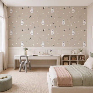 The Pinecone Path beige white wallpaper installed behind a white kids desk and bed in a bedroom study nook view-kids