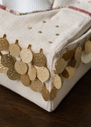 The Pitara tissue case in Oatmeal, view-detail of the coin-disc fringe and scattered sequins.