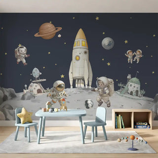 Playroom with Galaxy of Dreams space wallpaper and furniture