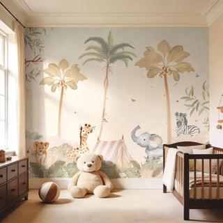 A modern playroom featuring the Jungle Jamboree wallpaper mural with natural wood shelving and child-sized furniture.