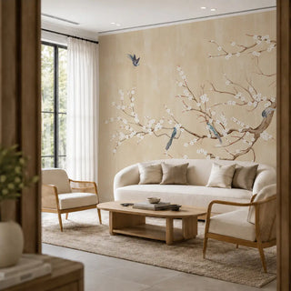 The Plum Blossom Beige hand-painted style wallpaper mural dressing a living room wall behind a curved white sofa and wooden coffee table view-livingroom