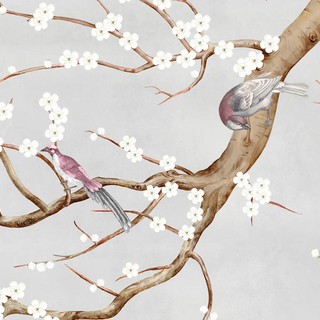 A detailed macro close-up shot highlighting the white plum blossoms, songbirds, and mineral-grey plaster texture on the Plum Blossom wallpaper.