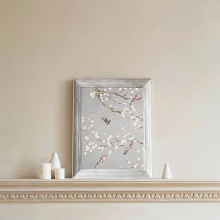 A detailed view of the Plum Blossom Wall Art showcasing delicate white blossoms and perched birds on branches.