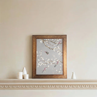 Plum Blossom Wall Art framed in wood, displayed on a wall shelf, adding elegance and freshness to the room décor.