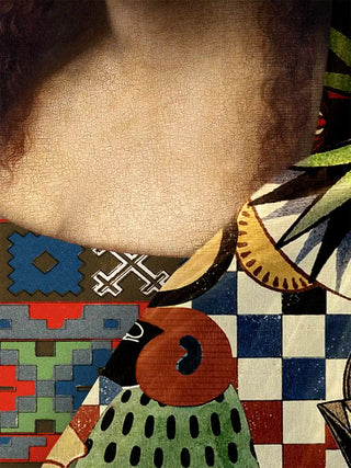A detailed macro close-up of the horizontal Poetry wall art highlighting the painted texture of the Mona Lisa portrait against the checkerboard pattern.