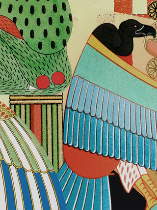A detailed macro close-up of the horizontal Poetry wall art highlighting the sun disc motif within the Egyptian winged figures.