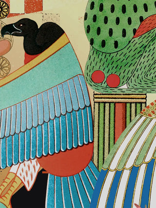 A detailed macro close-up of the horizontal Poetry wall art highlighting the Egyptian winged figure motifs flanking the Mona Lisa portrait.
