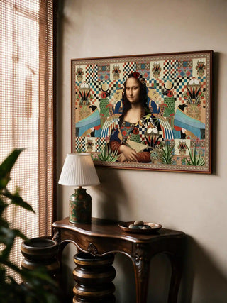 The framed horizontal Poetry wall art displayed above a carved wooden console table beside a rattan-screened window.