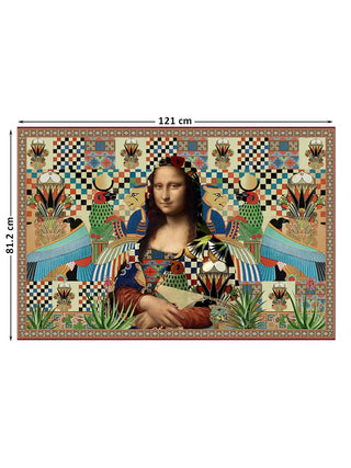Full view of the horizontal Poetry wall art print at 121 cm by 81.2 cm, showing the complete Mona Lisa and Egyptian motif collage on a checkerboard ground.