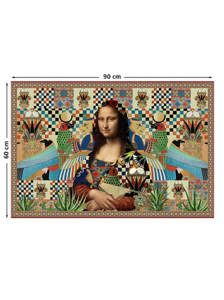 Full view of the horizontal Poetry wall art print at 90 cm by 60 cm, showing the complete Mona Lisa and Egyptian motif collage on a checkerboard ground.
