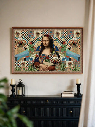 The framed Poetry wall art displayed above a black console table styled with candlesticks and books.