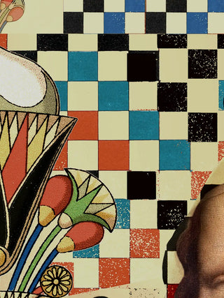 A detailed macro close-up of the Poetry wall art highlighting a lotus motif and checkerboard pattern beside the Mona Lisa portrait.