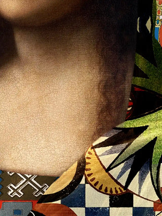 A detailed macro close-up of the Poetry wall art highlighting the painted texture of the Mona Lisa portrait against the collaged border.