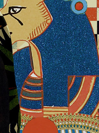 A detailed macro close-up of the Poetry wall art highlighting the Egyptian winged figure motif and sun disc.