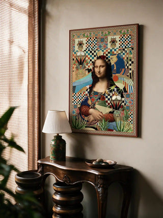 The framed Poetry wall art displayed above a carved wooden console table beside a rattan-screened window.