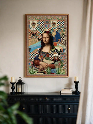 The framed Poetry wall art displayed above a black console table styled with candlesticks and books.