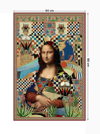 Full view of the Poetry wall art print at 44 cm by 66 cm, showing the complete Mona Lisa and Egyptian motif collage on a checkerboard ground.