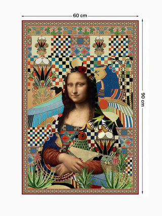 Full view of the Poetry wall art print at 60 cm by 90 cm, showing the complete Mona Lisa and Egyptian motif collage on a checkerboard ground.
