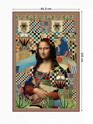 Full view of the Poetry wall art print at 81.2 cm by 121 cm, showing the complete Mona Lisa and Egyptian motif collage on a checkerboard ground.