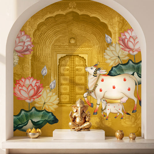 Pichwai Style Wallpaper for Lobby and Temple Walls, Yellow