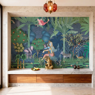 Shiv Shakti wallpaper mural in a prayer room alcove with a Ganesha idol