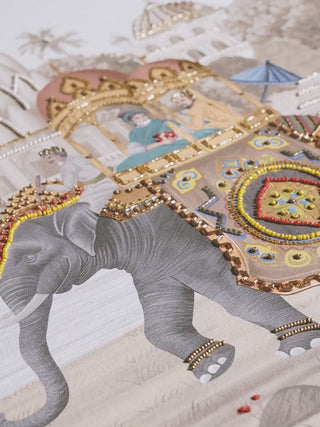 Video of Safar embroidered wall art in sepia and ivory, showing metallic thread detailing on the ceremonial elephant and royal procession