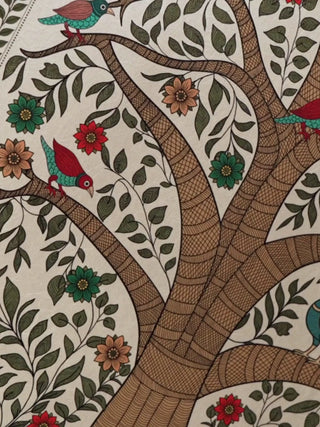 Close-up video of the Anant Madhubani portrait wall art, moving over the arched tree of life with peacocks, parrots and hand-inked foliage