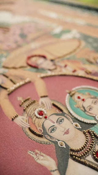 Close-up video of the Ram Abhishek embroidered wall art, moving across pearl strands, gold beadwork, Hanuman and the domed coronation pavilion.