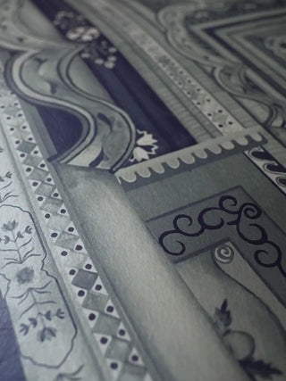 Close-up video of the Dilli Darbar wall art in indigo blue, gliding along the carved archways, scalloped arch frames and octagonal medallions