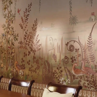 Enchanted Grove wallpaper mural in a dining room, then close views of weeping willow branches, ferns and long-billed wading birds