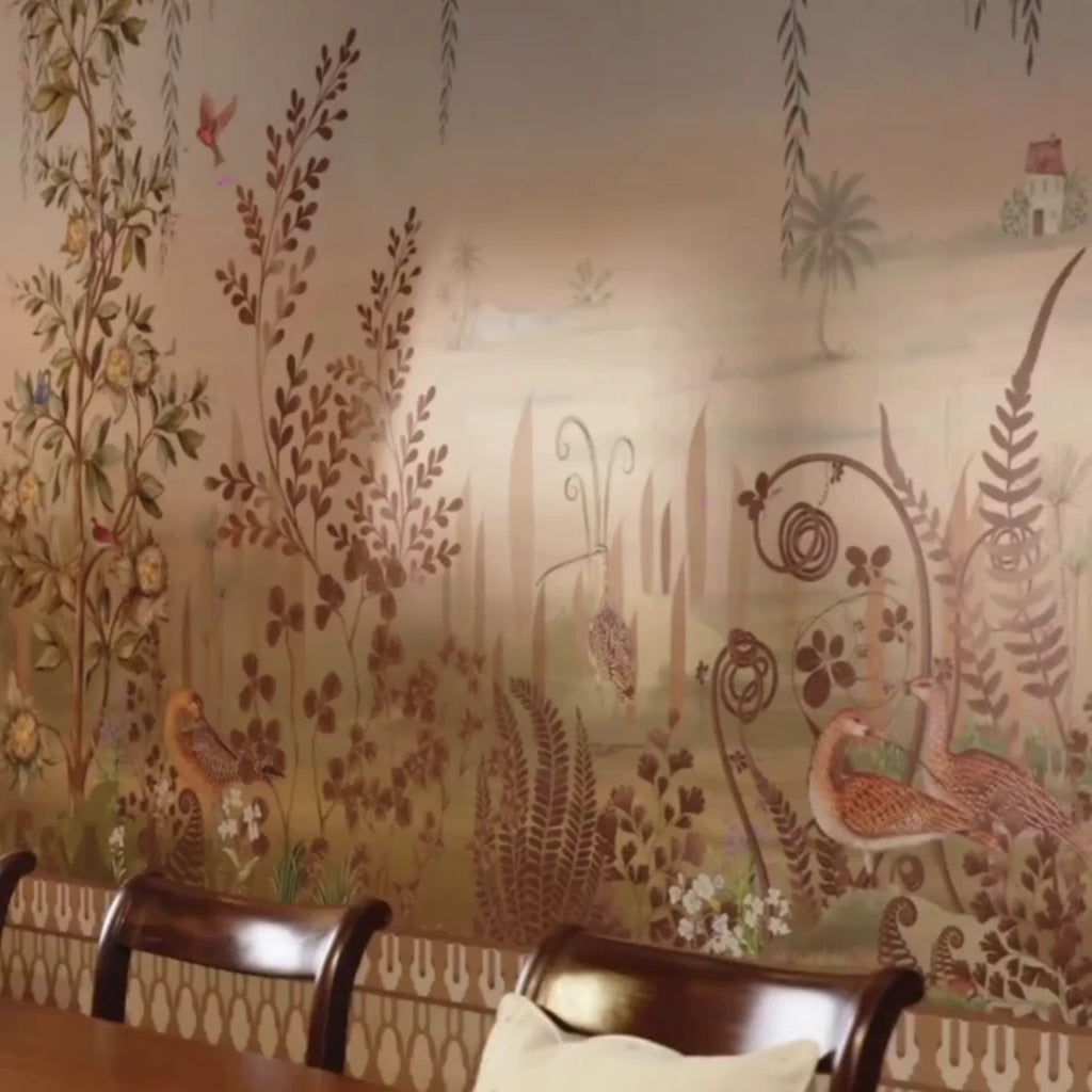 Enchanted Grove wallpaper mural in a dining room, then close views of weeping willow branches, ferns and long-billed wading birds