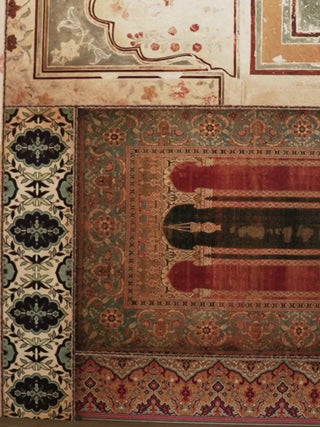 Close-up video of the Kahani landscape wall art, moving across its collage of miniature painting panels, carpet patterns, palace arches and royal figures