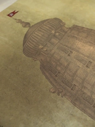 Close-up video of the Kashi Reverie wall art, moving over a temple shikhara, a boat on the Ganges, the stone ghats and a bather in the river