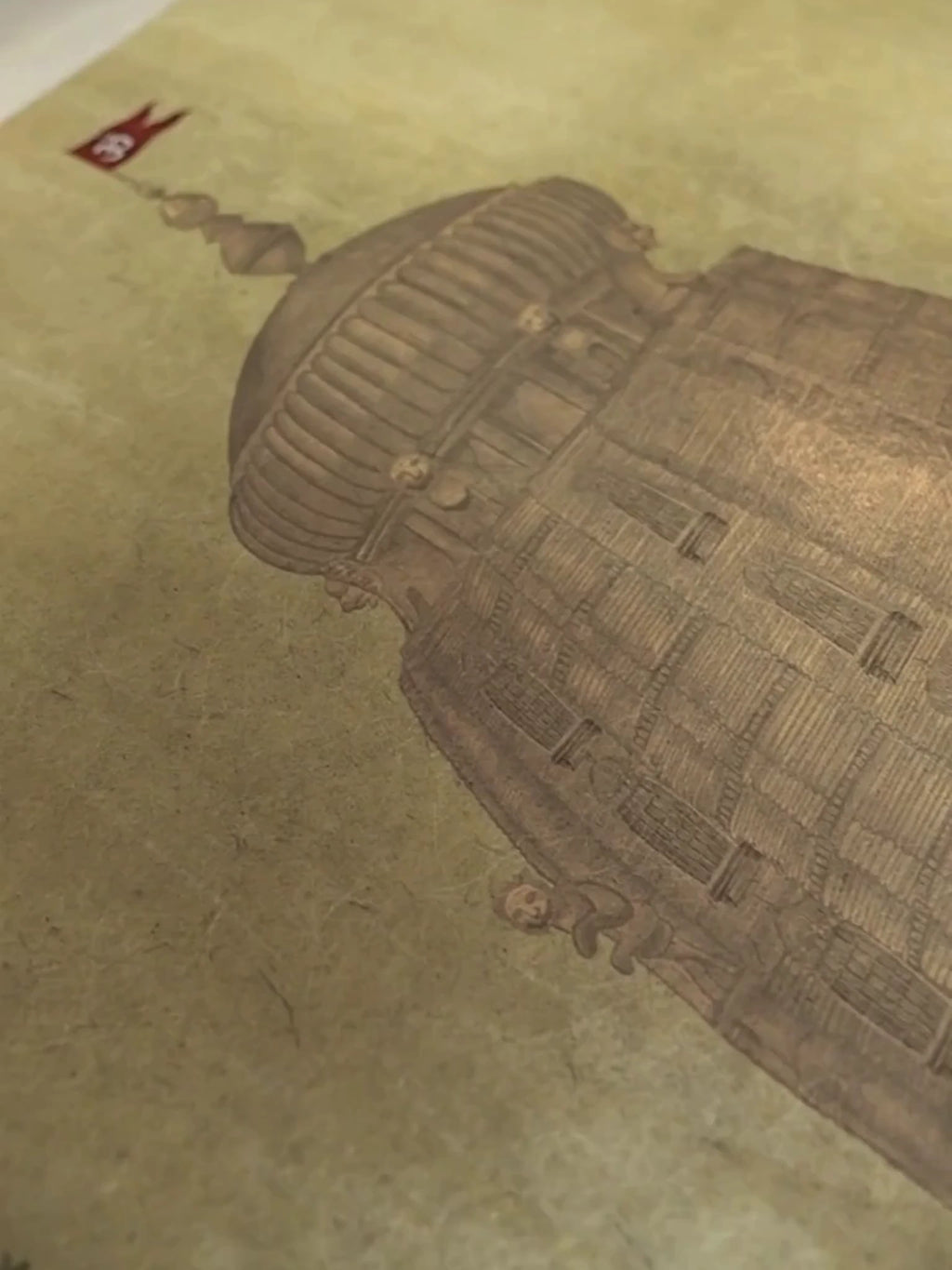 Close-up video of the Kashi Reverie wall art, moving over a temple shikhara, a boat on the Ganges, the stone ghats and a bather in the river