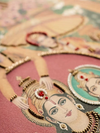 Ram Abhishek embroidered wall art: beaded close-ups of Lord Rama and Sita's coronation, jewelled figures and an ornate domed canopy