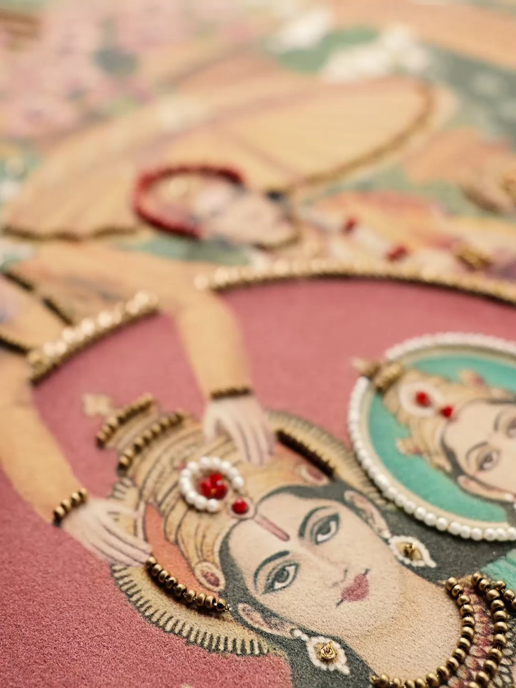 Ram Abhishek embroidered wall art: beaded close-ups of Lord Rama and Sita's coronation, jewelled figures and an ornate domed canopy