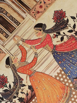Close-up video of the Sorena landscape wall art, moving over the twirling dancers, the white-domed pavilion and the red and emerald floral panels