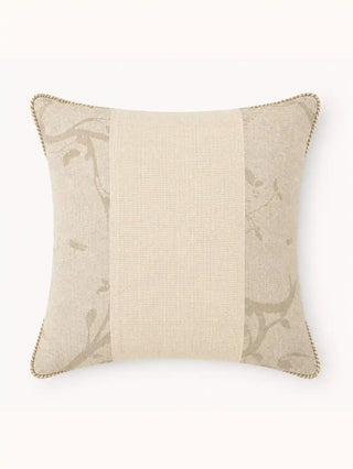 A full front view of the square Prose Pattern cushion cover showcasing its three-panel botanical layout and natural textures.
