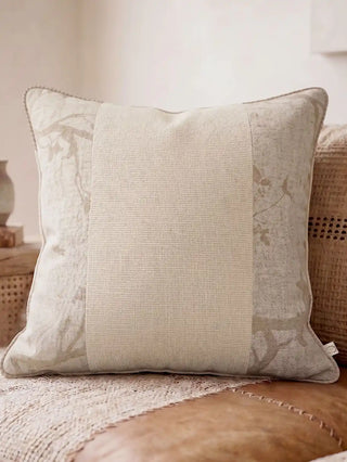 A full front view of the square Prose Pattern cushion cover showcasing its three-panel botanical layout and natural textures.