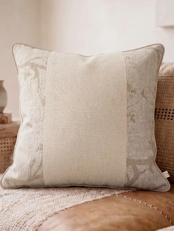 A full front view of the square Prose Pattern cushion cover showcasing its three-panel botanical layout and natural textures.